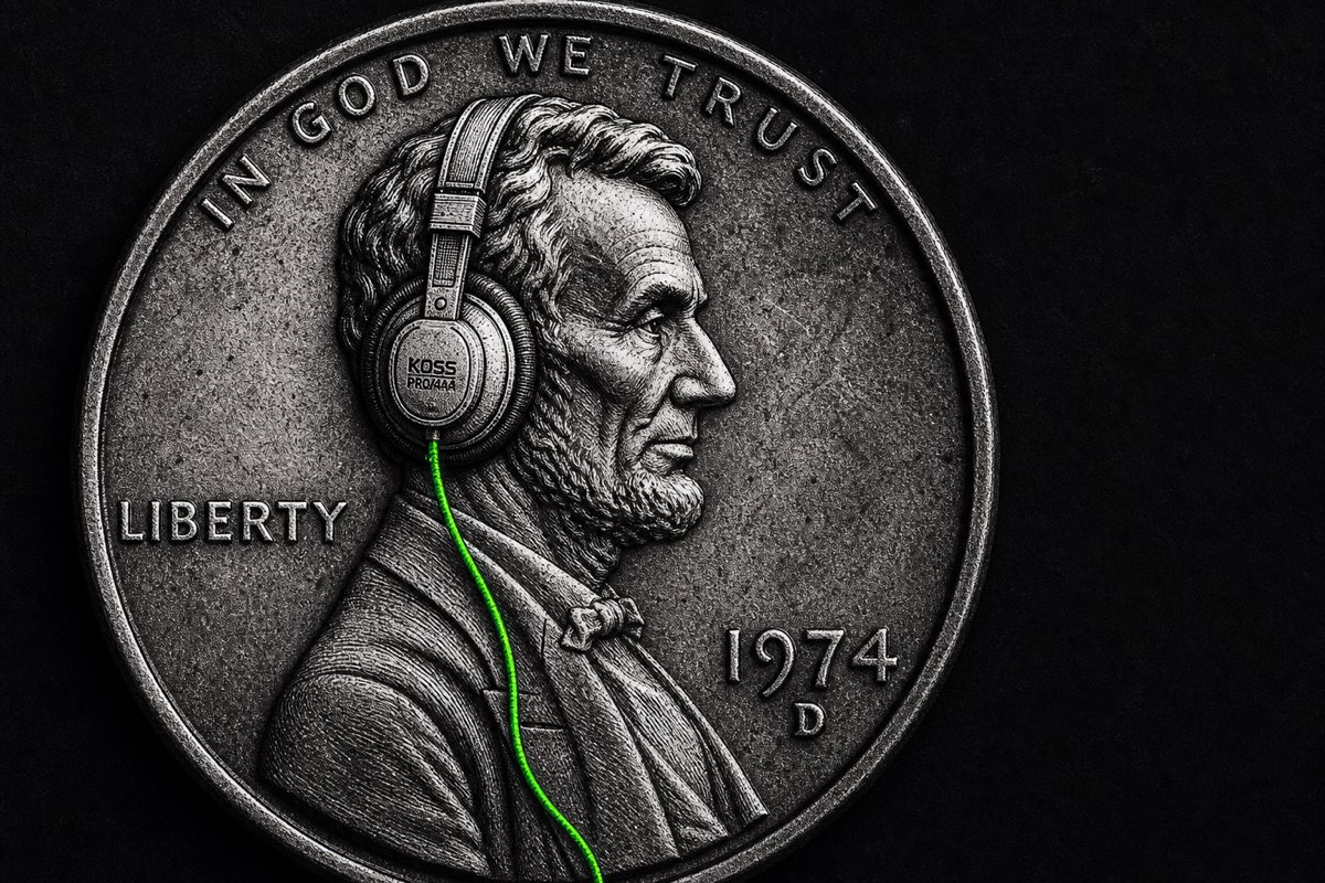 Abraham Lincoln penny wearing vintage headphones with a glowing green PENNY cord