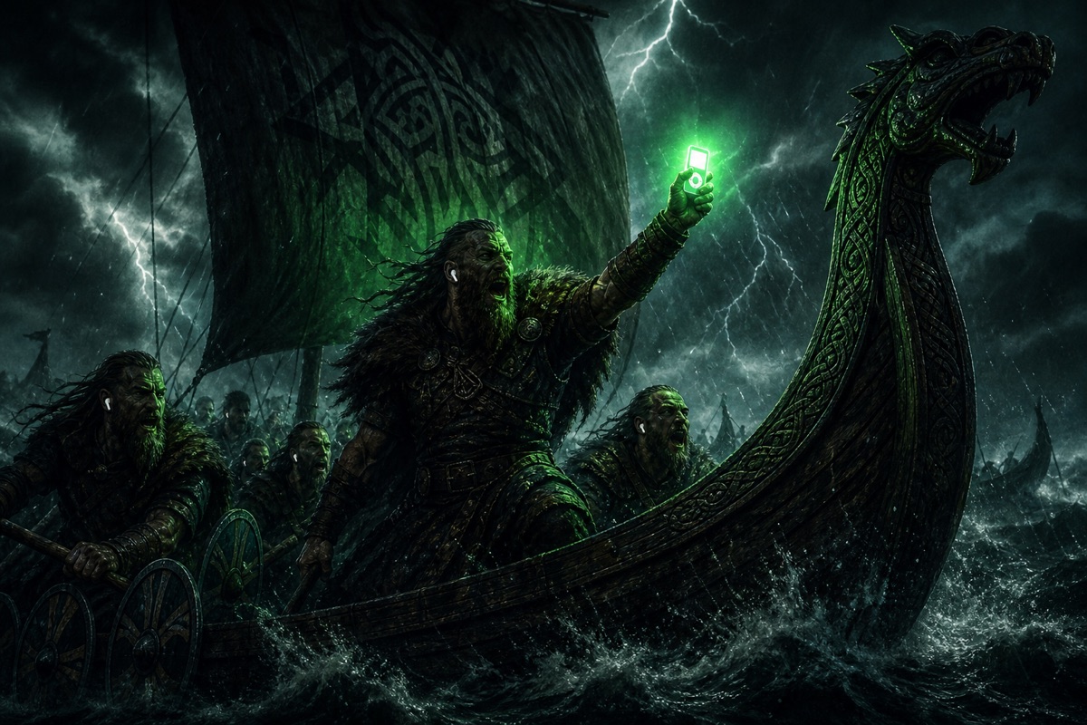 PENNY Viking voyage — a dragon-prowed longship of explorers raising a glowing green PENNY player into a storm of green lightning